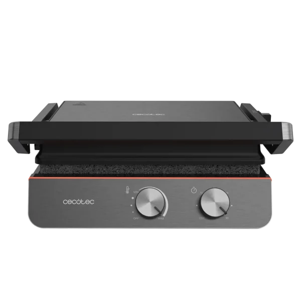 Imagen 3 Parrilla eléctrica de 2200 W con placas RockStone extraíbles y apertura 180º. Control digital de tiempo y temperatura para un cocinado preciso y fácil limpieza.