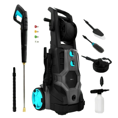 Hidrolimpiadora Cecotec HydroBoost 3200 TotalClean con motor brushless y accesorios de limpieza sobre fondo neutro