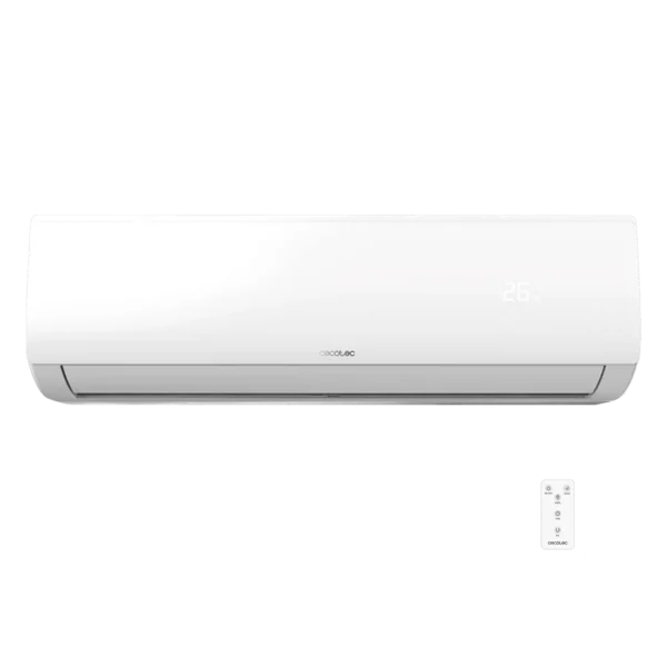Aire acondicionado split AirClima 12000 Smartfresh unidad interior color blanco con pantalla LED encendida y mando a distancia