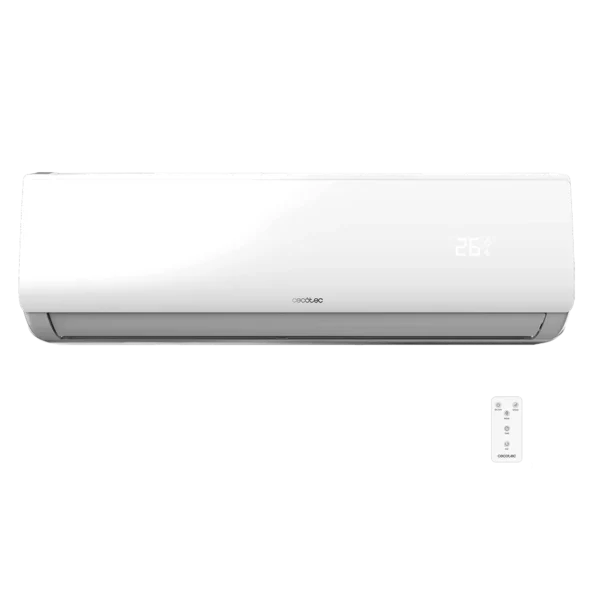Vista frontal del aire acondicionado split AirClima 18000 Smartfresh de Cecotec en color blanco con pantalla LED y mando a distancia