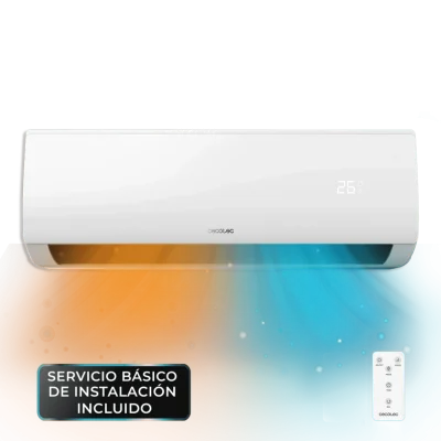 Aire acondicionado split Cecotec AirClima 24000 Smartfresh unidad interior blanca vista frontal con pantalla LED y mando a distancia