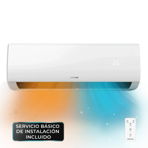 Aire acondicionado split Cecotec AirClima 24000 Smartfresh unidad interior blanca vista frontal con pantalla LED y mando a distancia