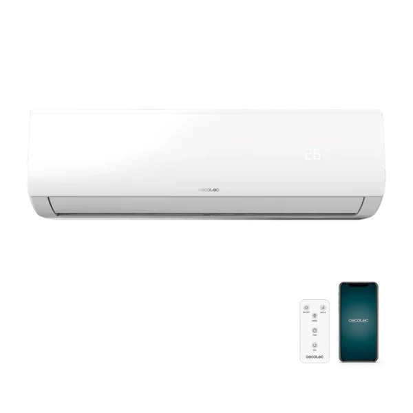 Vista frontal del aire acondicionado split AirClima 12000 Smartfresh Connected de Cecotec con pantalla LED encendida y mando a distancia