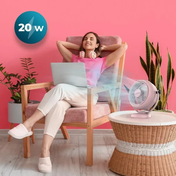 Imagen 2 Ventilador de sobremesa rosa estilo retro EnergySilence. 20 W, 2 velocidades, 4 aspas y diseño vintage. Máximo silencio y confort con inclinación ajustable.