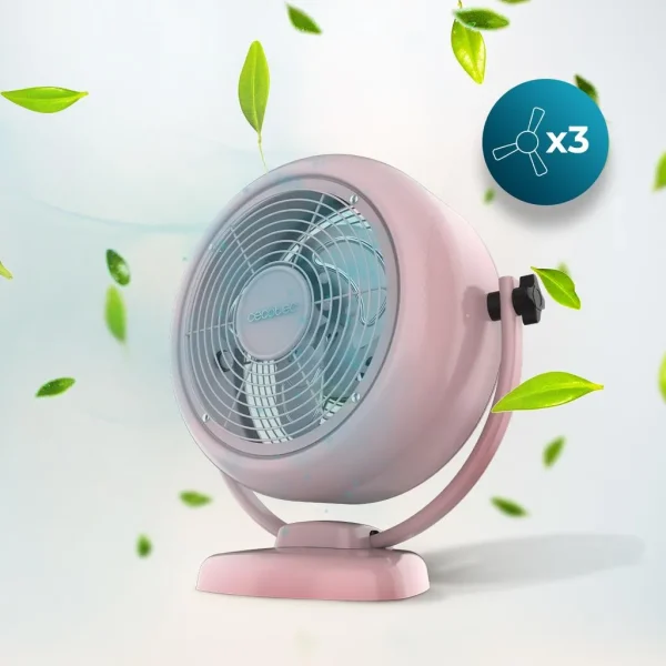 Imagen 4 Ventilador de sobremesa rosa estilo retro EnergySilence. 20 W, 2 velocidades, 4 aspas y diseño vintage. Máximo silencio y confort con inclinación ajustable.