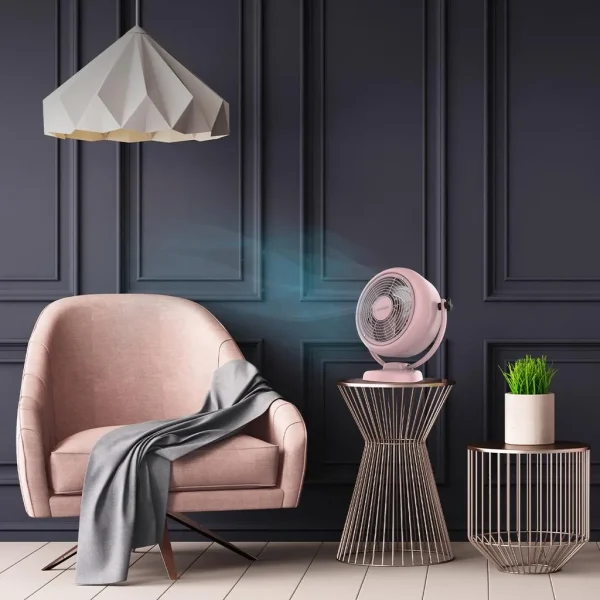 Imagen 7 Ventilador de sobremesa rosa estilo retro EnergySilence. 20 W, 2 velocidades, 4 aspas y diseño vintage. Máximo silencio y confort con inclinación ajustable.