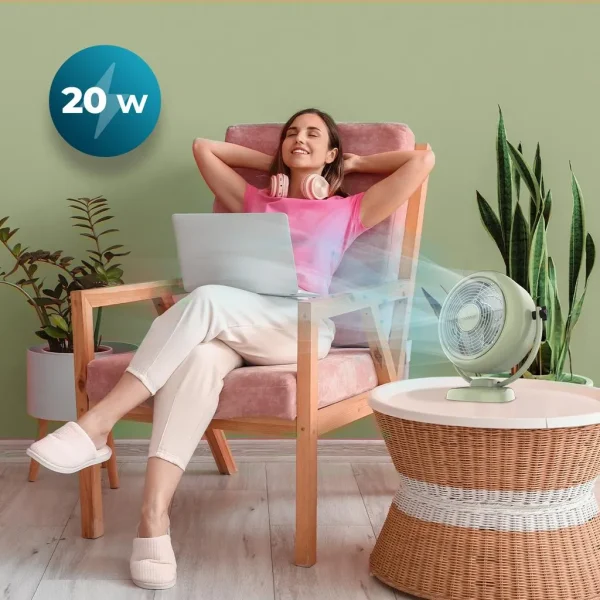 Imagen 2 Ventilador de sobremesa retro verde de 20 W y 8 pulgadas. Tecnología EnergySilence para un flujo de aire profundo y silencioso con 2 velocidades ajustables.