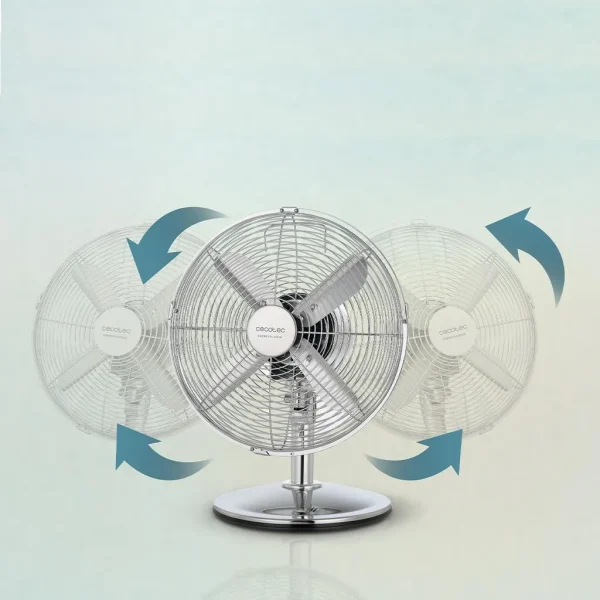 Imagen 5 Ventilador de sobremesa de 40 W con diseño retro cromado y 4 aspas. Ofrece 3 velocidades, oscilación automática y tecnología silenciosa para máximo confort.