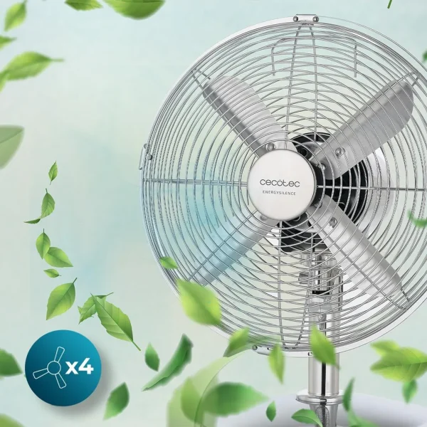 Imagen 7 Ventilador de sobremesa de 40 W con diseño retro cromado y 4 aspas. Ofrece 3 velocidades, oscilación automática y tecnología silenciosa para máximo confort.