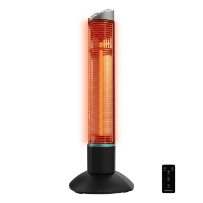 Calefactor de exterior ReadyWarm 1000 Power Tower de diseño vertical negro con elementos halógenos encendidos