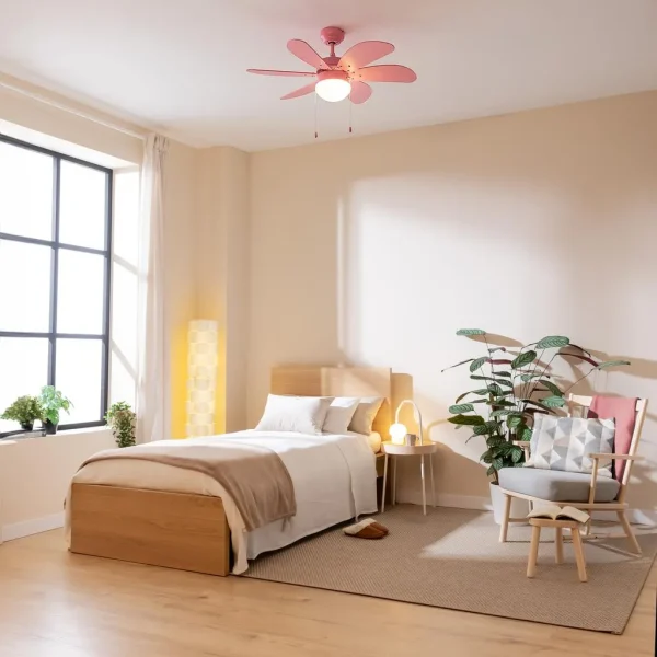 Imagen 3 Ventilador de techo rosa de 36” con luz y 50 W. Tecnología EnergySilence, 6 aspas reversibles y función verano-invierno para un ambiente confortable.