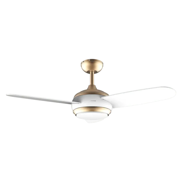 Imagen 2 Ventilador de techo de 42 pulgadas con luz LED y diseño blanco y dorado. Motor de 65 W, 3 velocidades, mando a distancia y temporizador programable integrado.