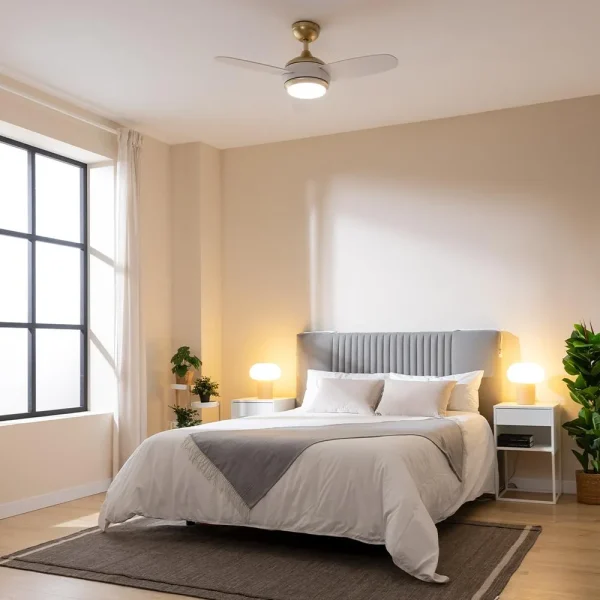 Imagen 4 Ventilador de techo de 42 pulgadas con luz LED y diseño blanco y dorado. Motor de 65 W, 3 velocidades, mando a distancia y temporizador programable integrado.