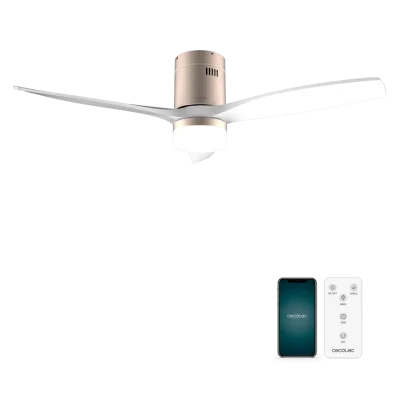 Ventilador de techo EnergySilence Aero 5600 Aqua GoldWhite Connected con aspas blancas y acabado madera para exterior