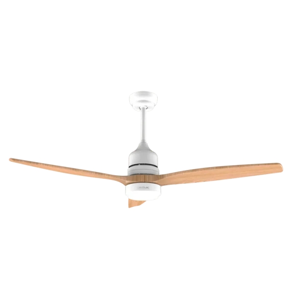 Imagen 2 Ventilador de techo con motor DC de 40 W, luz LED y mando a distancia. Silencioso, eficiente y con función verano-invierno. Diseño en blanco y madera.