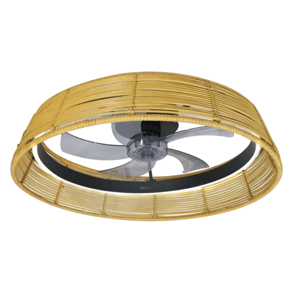 Imagen 2 Ventilador de techo compacto con luz LED de 45 W y motor DC de 15 W. Diseño natural, 5 aspas, control remoto, temporizador y sistema de inversión de giro.