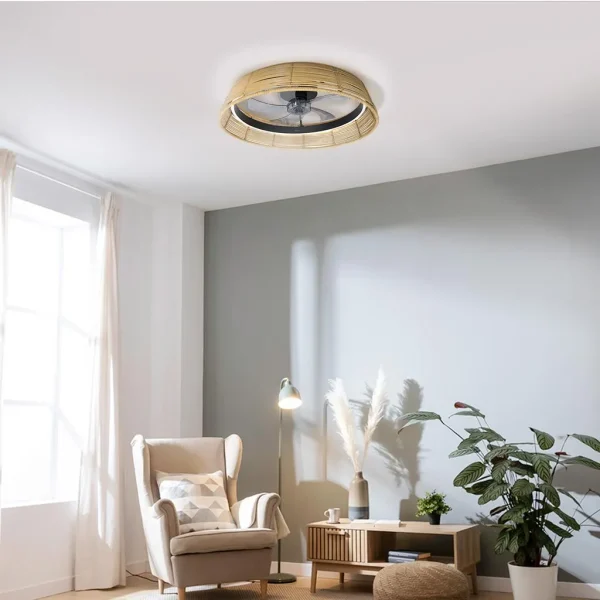 Imagen 3 Ventilador de techo compacto con luz LED de 45 W y motor DC de 15 W. Diseño natural, 5 aspas, control remoto, temporizador y sistema de inversión de giro.