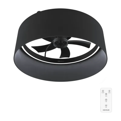 Ventilador de techo EnergySilence LampAero 650 Black Design con luz LED encendida y aspas ocultas vista frontal