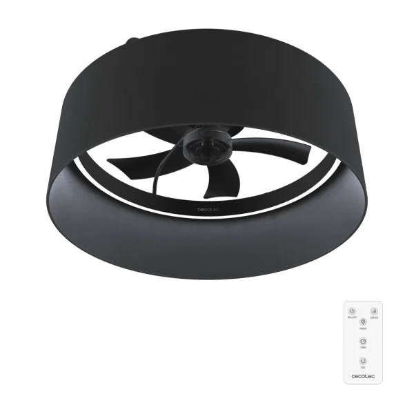 Ventilador de techo EnergySilence LampAero 650 Black Design con luz LED encendida y aspas ocultas vista frontal