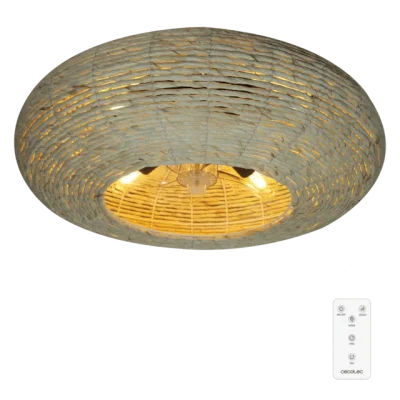 Ventilador de techo EnergySilence LampAero 600 Natural Wicker diseño ratán con luz encendida