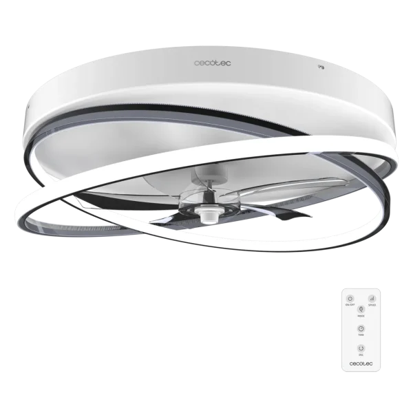 Ventilador de techo EnergySilence LampAero 600 FlowLight con luz LED encendida y aspas desplegadas