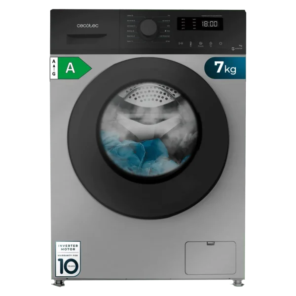 Vista frontal de la lavadora Cecotec Bolero DressCode 7150 Inverter Steel A acabado acero inoxidable 7 kg