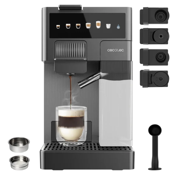 Cafetera multicápsula Cecotec FreeStyle Latte T color negro con tanque de leche frontal y adaptadores para diferentes sistemas de café.