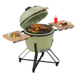 Vista frontal de la barbacoa de cerámica Cecotec DragonFire 6600 montada sobre su soporte de hierro fundido