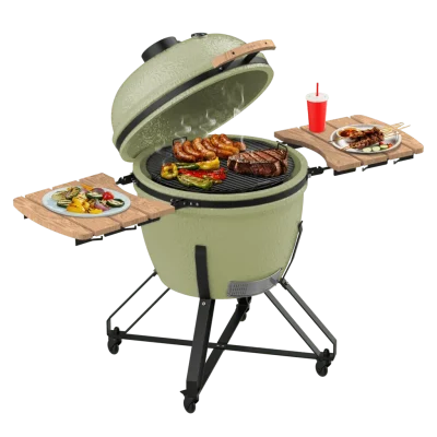 Vista frontal de la barbacoa de cerámica Cecotec DragonFire 6600 montada sobre su soporte de hierro fundido