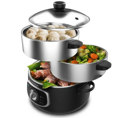 Vaporera eléctrica Cecotec Vapovita SteelPot de acero inoxidable con tres niveles de cocción llenos de verduras y alimentos al vapor