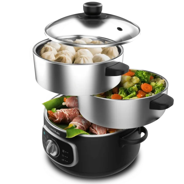 Vaporera eléctrica Cecotec Vapovita SteelPot de acero inoxidable con tres niveles de cocción llenos de verduras y alimentos al vapor