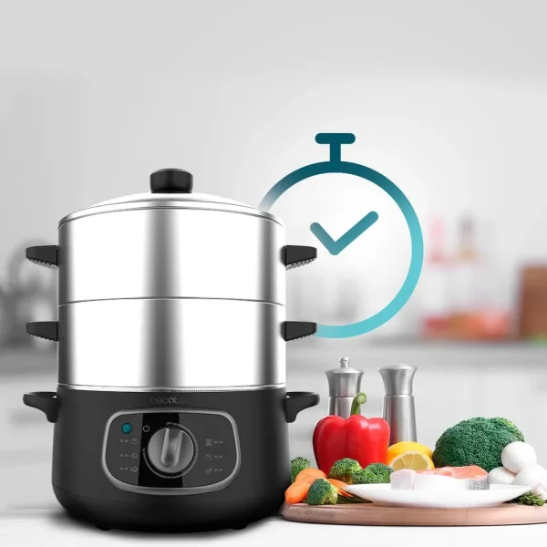 Imagen 7 Vaporera eléctrica Vapovita SteelPot de 1300 W y 10 L. Cocina saludable con 3 recipientes de acero inoxidable, temporizador y accesorios incluidos.