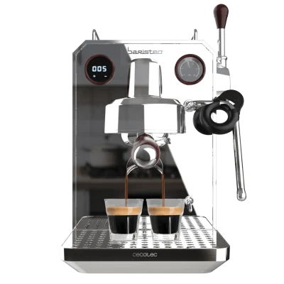 Vista frontal de la cafetera espresso barista profesional Baristeo Intima de Cecotec con acabados en acero inoxidable y manómetro de presión