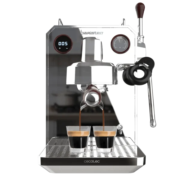Vista frontal de la cafetera espresso barista profesional Baristeo Intima de Cecotec con acabados en acero inoxidable y manómetro de presión
