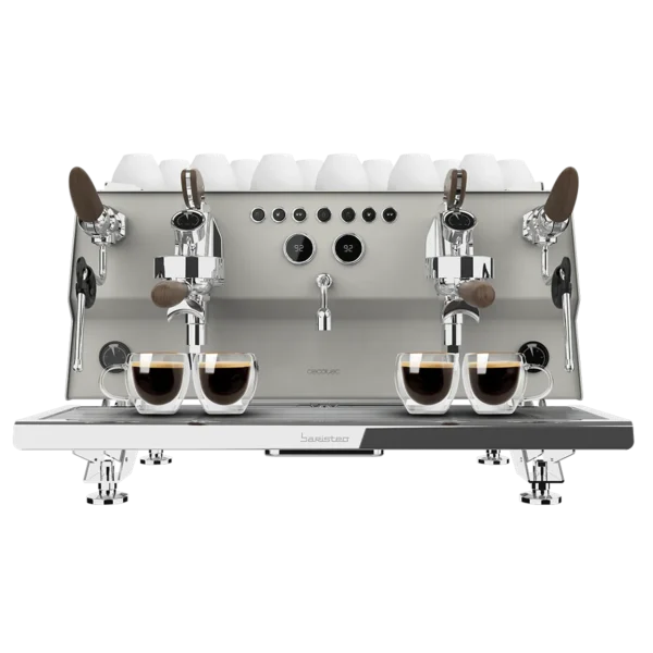 Cafetera espresso profesional Baristeo Gastro con acabado en acero inoxidable, manómetro frontal y vaporizador de leche.