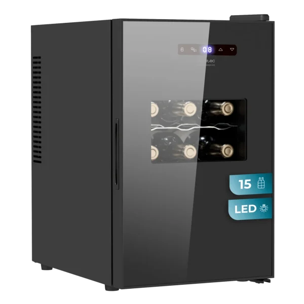Vista frontal de la vinoteca Bolero GrandSommelier 1550 CoolCrystal de Cecotec para 15 botellas con panel táctil y luz LED