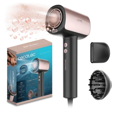 Secador de pelo Cecotec DryGlam Nano Plasma de color gris oscuro con motor brushless de alta velocidad y accesorios magnéticos.