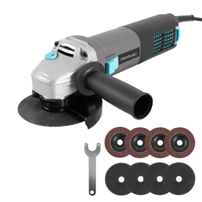 Amoladora angular Cecotec RadialPower 1000 Filtra negra y azul junto a su maletín de transporte y 8 discos de corte de 125mm