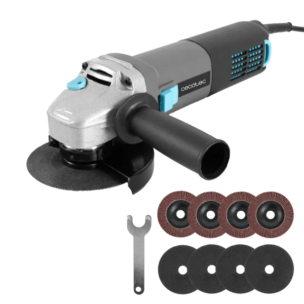Amoladora angular Cecotec RadialPower 1000 Filtra negra y azul junto a su maletín de transporte y 8 discos de corte de 125mm