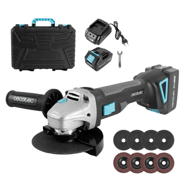 Amoladora angular a batería RadialPower 2120 Freemove de CECOTEC de 21V con maletín de transporte y 8 discos de 125mm