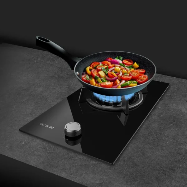 Imagen 7 Placa de gas de cristal negro con un potente quemador Wok, encendido automático y sistema de seguridad FlameControl para una cocina eficiente y segura.