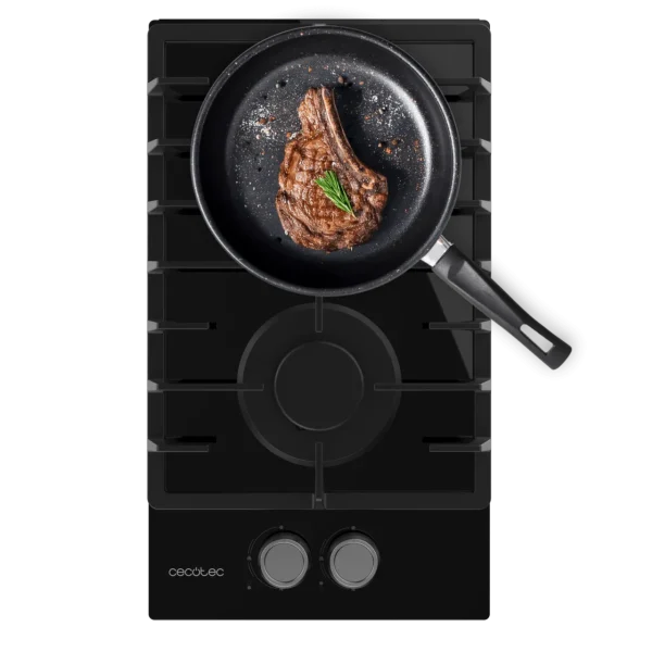 Placa de gas Cecotec Bolero Squad G 2200F Glass Black de 2 fuegos con superficie de cristal templado y parrillas de hierro fundido