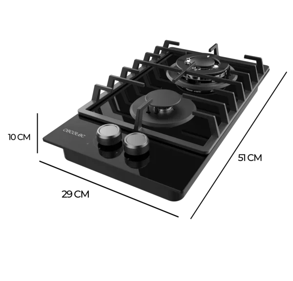 Imagen 4 Placa de gas de cristal templado negro con 2 quemadores, parrillas de hierro fundido y sistema de seguridad termopar. Eficiencia y diseño para tu cocina.
