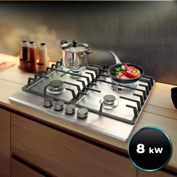 Imagen 7 Placa de gas Bolero Squad G 4200F Inox con 4 fuegos, parrillas de hierro fundido y seguridad FlameOut. Potencia y diseño profesional para tu cocina.