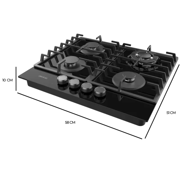 Imagen 4 Placa de gas Bolero Squad G 4200F Glass Black con 4 quemadores, superficie de cristal templado de alta resistencia y sistema de seguridad FlameGuard integrado.