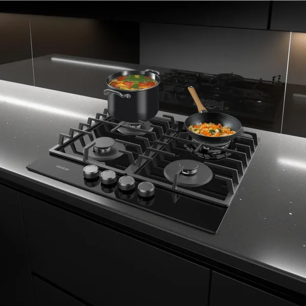 Imagen 8 Placa de gas Bolero Squad G 4200F Glass Black con 4 quemadores, superficie de cristal templado de alta resistencia y sistema de seguridad FlameGuard integrado.
