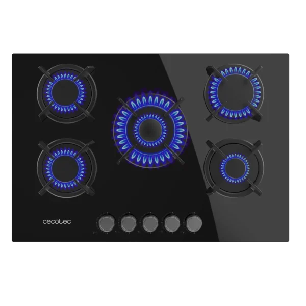 Imagen 2 Placa de gas de cristal templado negro con 5 quemadores Sabaf, parrillas de hierro fundido y autoencendido. Potencia y diseño profesional para tu cocina.