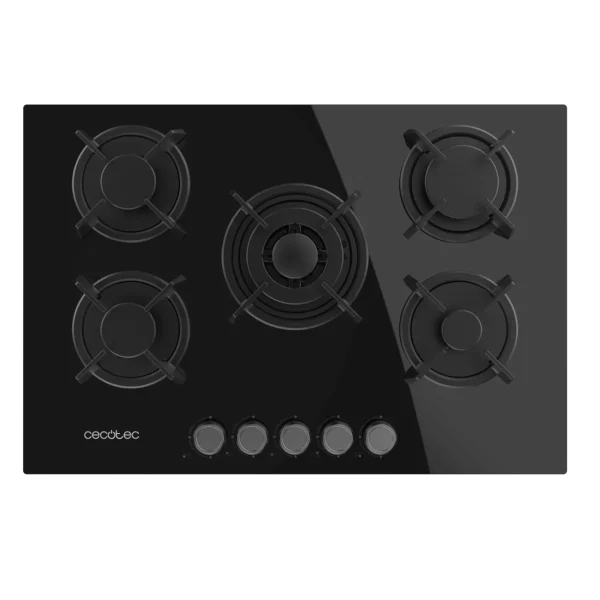 Imagen 3 Placa de gas de cristal templado negro con 5 quemadores Sabaf, parrillas de hierro fundido y autoencendido. Potencia y diseño profesional para tu cocina.