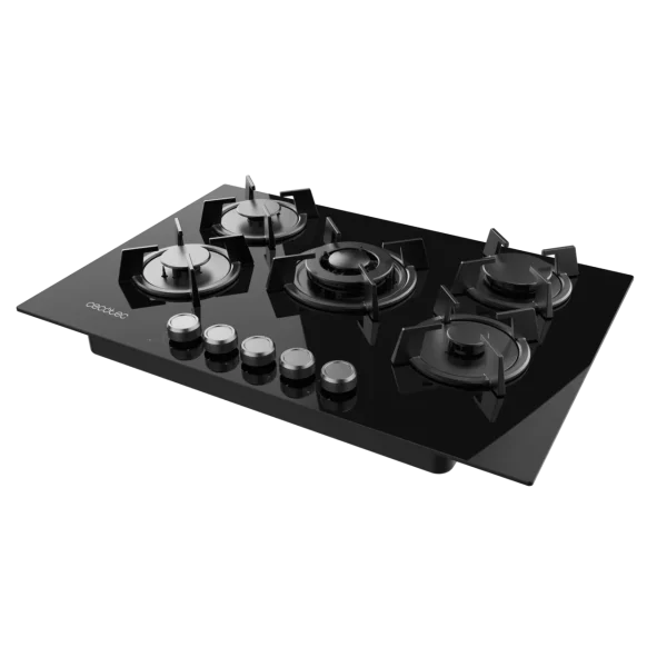 Imagen 4 Placa de gas de cristal templado negro con 5 quemadores Sabaf, parrillas de hierro fundido y autoencendido. Potencia y diseño profesional para tu cocina.