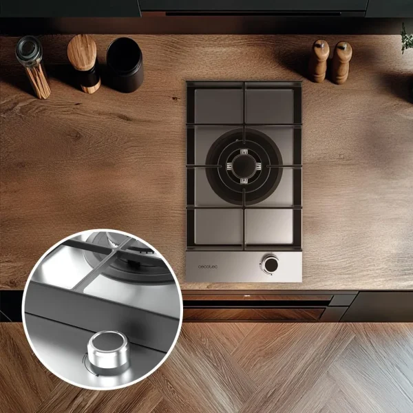 Imagen 8 Placa de gas de acero inoxidable con 4 quemadores, sistema de seguridad termopar y encendido automático. Potencia total de 7 kW para una cocina eficiente.